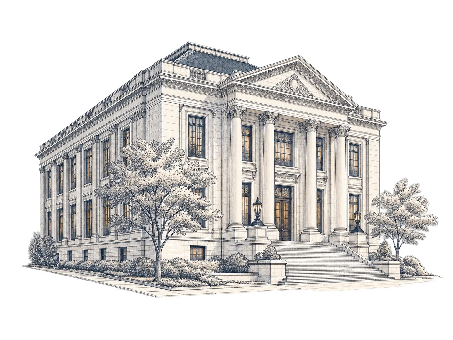 A detailed architectural illustration of a Beaux-Arts library