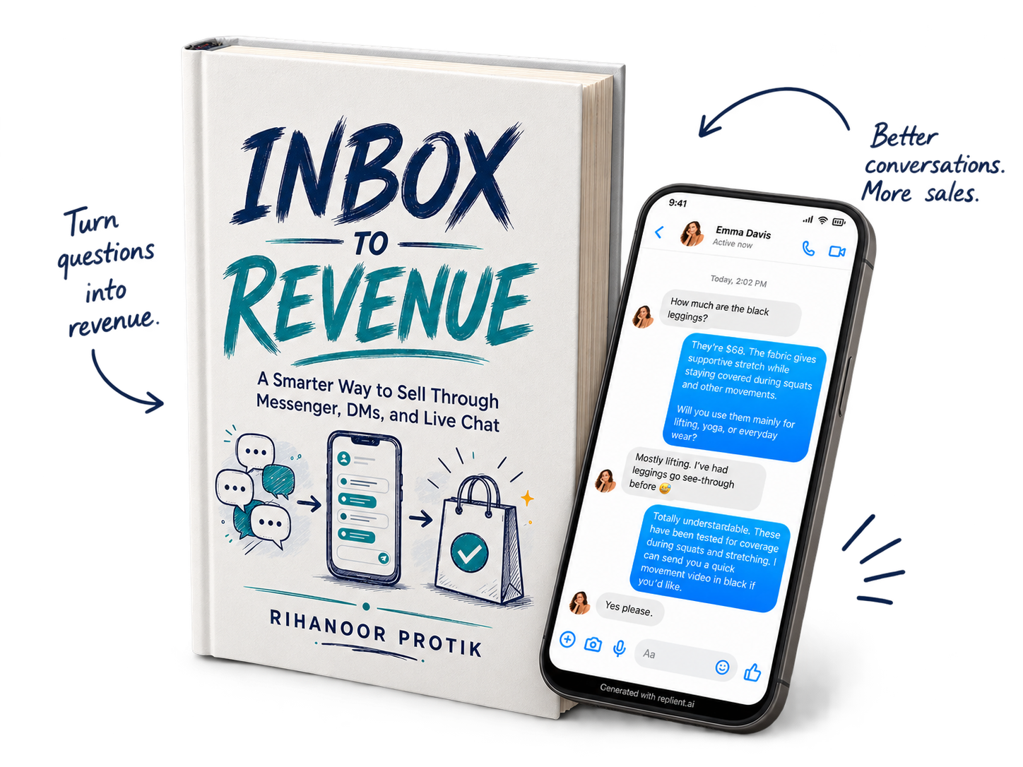 Inbox to Revenue eBook shown beside a customer messaging conversation